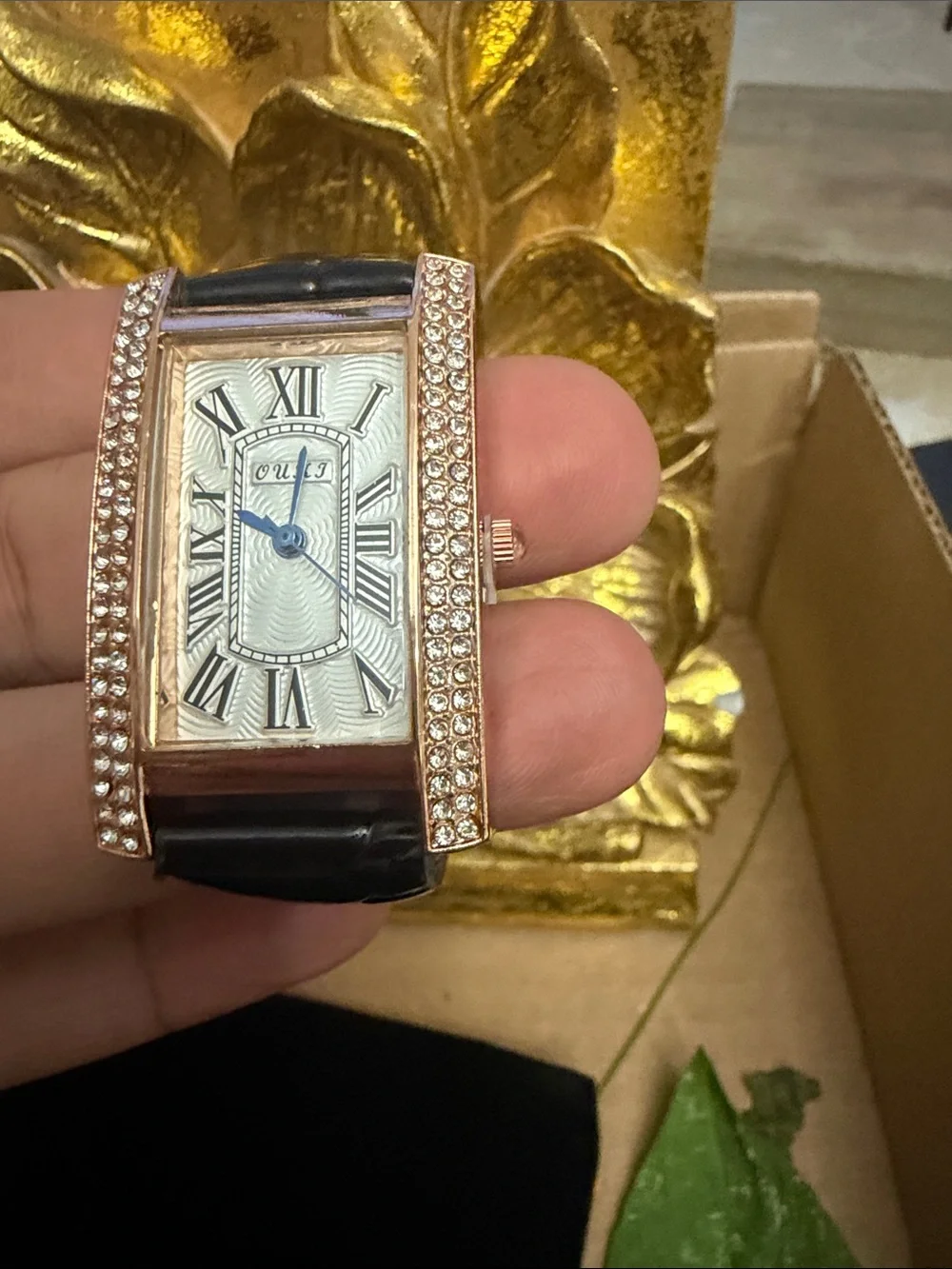 XOXO Rose Gold-Tone Crystal Rectangular Watch with Black Strap